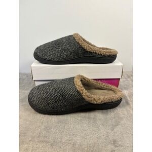 Isotoner Mens Herringbone Clog Slippers Grey Faux Fur Trim US 9.5-10.5 Washable